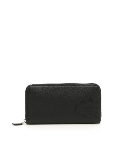 Prada Men's Saffiano Leather Embossed Travel Wallet In Neronero