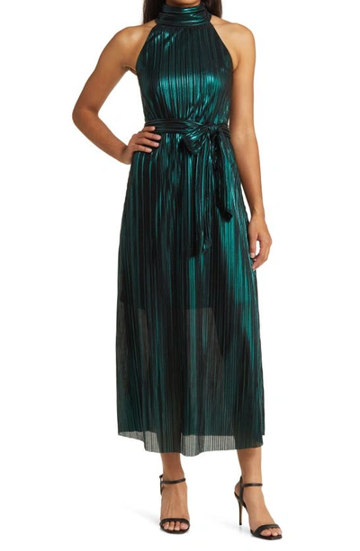 Eliza J Metallic Halter Neck Pleated Cocktail Dress In Emerald | ModeSens