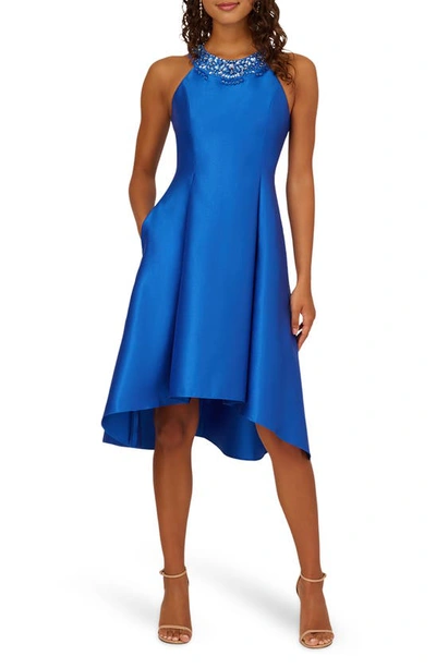 Adrianna Papell Beaded Neck Mikado Midi Fit & Flare Dress In Ultra Blue