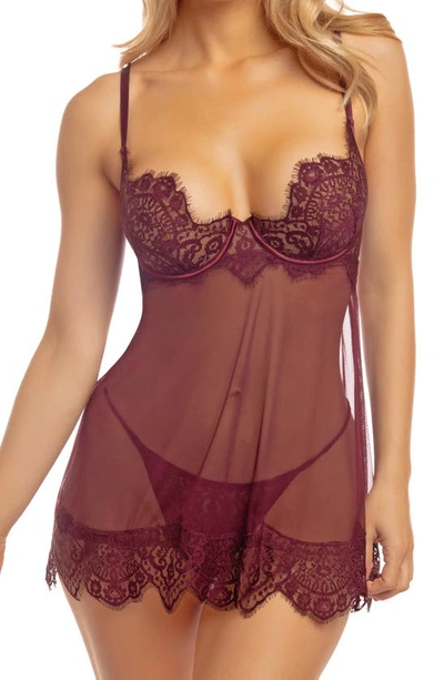 Oh La La Cheri Kinsley Underwire Lace Trim Sheer Chemise In Windsor Wine