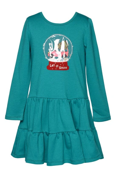 Truly Me Kids' Snow Globe Long Sleeve Tiered Dress In Teal
