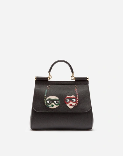 Dolce & Gabbana Medium Sicily Bag In Dauphine Calfskin With Patches Of The Designers In Black