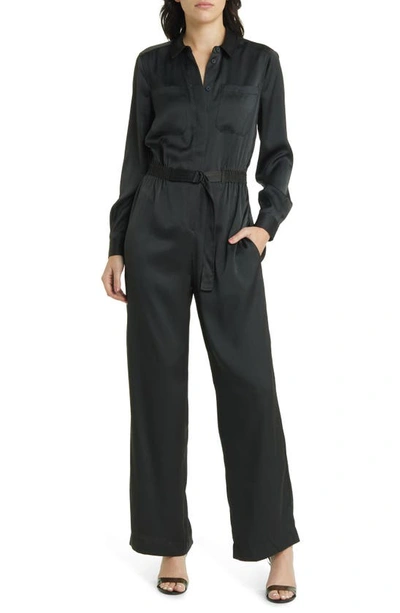 French Connection Enid Long Sleeve Satin Jumpsuit In Dark Slate