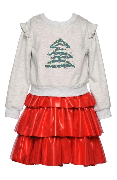 Truly Me Kids' Rhinestone Sweatshirt & Tiered Skirt Set In Heather Grey