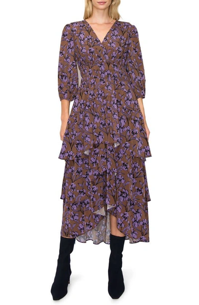 Melloday Floral Tiered Midi Dress In Brown Purple Print