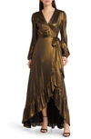Wayf Meryl Long Sleeve Wrap High-low Gown In Antique Brass