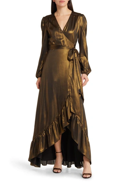 Wayf Meryl Long Sleeve Wrap High-low Gown In Antique Brass