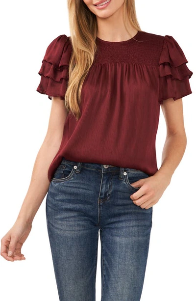 Cece Smocked Yoke Tiered Sleeve Top In Deep Red