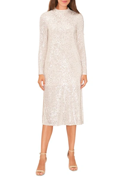 Halogen Sequin Long Sleeve Midi Cocktail Dress In Ivory/silver