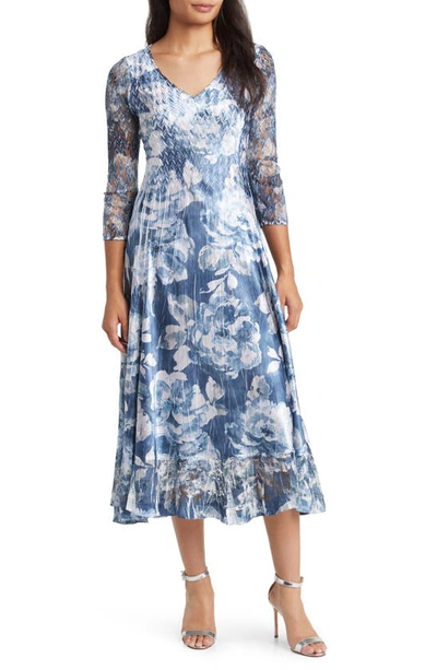 Komarov Abstract Print Charmeuse & Lace Cocktail Midi Dress In Shadow Rose