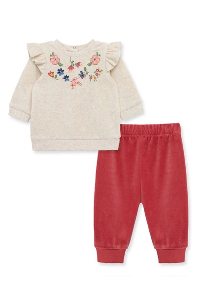 Little Me Babies' Wildflowers Embroidered Ruffle Sweatshirt & Velour Joggers Set In Pink