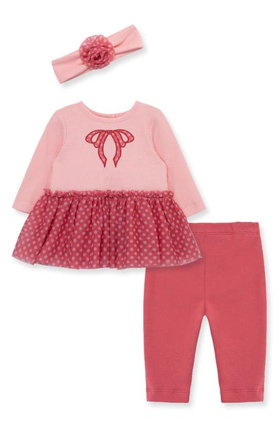 Little Me Babies' Polka Dot Bow Long Sleeve Tutu Dress, Leggings And Headband Set In Pink
