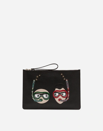 Dolce & Gabbana Dauphine Calfskin Clutch With Patches Of The Designers In Black