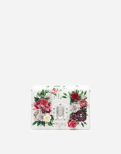 Dolce & Gabbana Lucia Shoulder Bag In Peony-print Boarded Calfskin With Embroidered Details In Cream