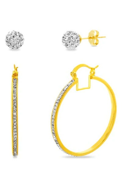 Nes Jewelry Set Of 2 Crystal Ball Stud & Hoop Earrings In Gold