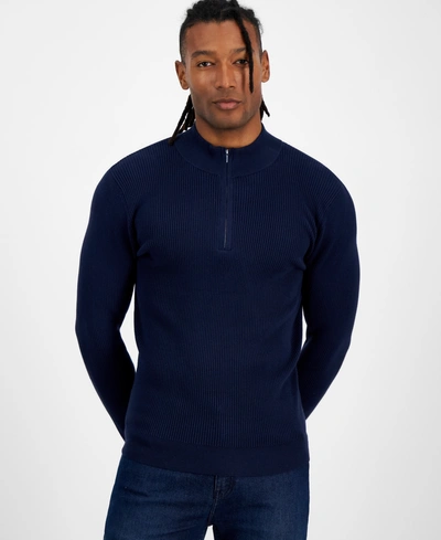 Inc International Concepts Men's Regular-fit Ribbed-knit 1/4-zip Mock Neck Sweater, Created For Macy's In Basic Navy