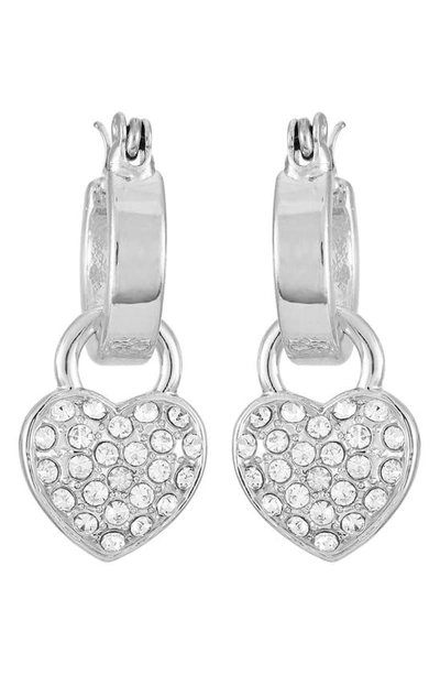 Guess Crystal Heart Huggie Hoop Earrings In Silver Tone