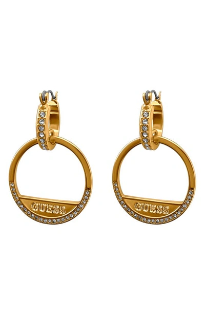 Guess Crystal Stone Logo Hoop Earrings In Gold Tone