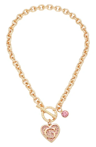 Guess Heart Logo Pendant Necklace In Gold And Pink