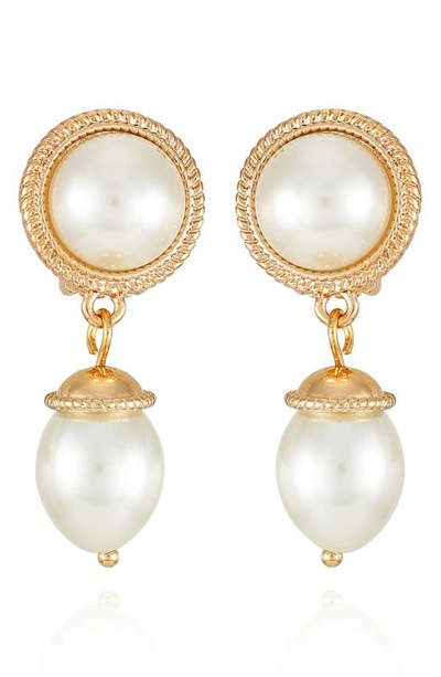 T Tahari Imitation Pearl Drop Clip-on Earrings In Goldtone
