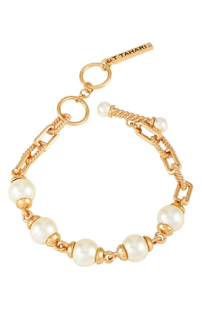 T Tahari Imitation Pearl Toggle Bracelet In Goldtone