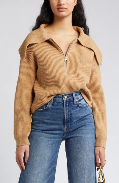 Open Edit Rib Half Zip Sweater In Tan Cartouche
