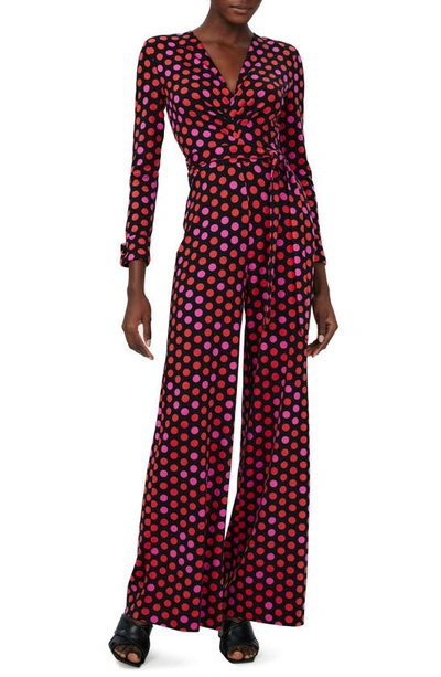 Diane Von Furstenberg Rose Marie Print Tie Waist Long Sleeve Jumpsuit In Magic_dot_berry_red