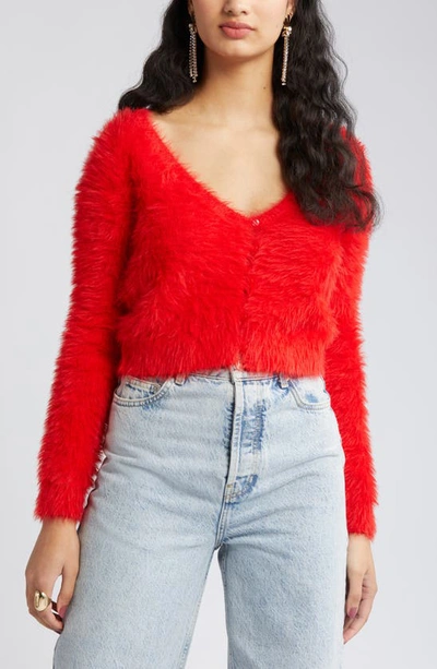 Open Edit Eyelash Knit Crop Cardigan In Red Goji