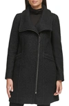 Kenneth Cole Asymmetric Zip Convertible Collar Bouclé Coat In Black