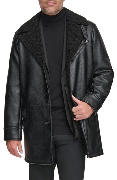 Andrew Marc Faux Leather Topper With Faux Shearling Trim In Black