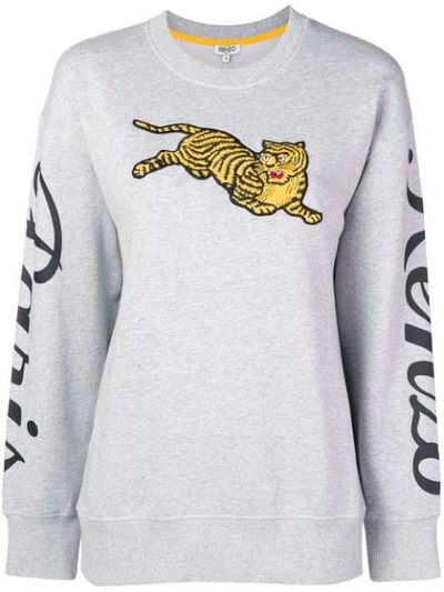 Kenzo Jumping Tiger Grey Sweatshirt With Maxi Patch In Pearl Grey