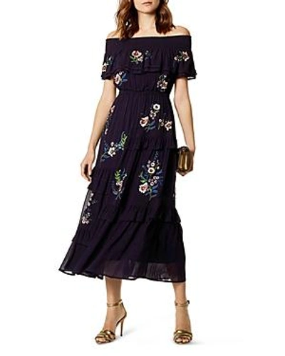 Karen Millen Embroidered Off-the-shoulder Midi Dress In Blue/multi