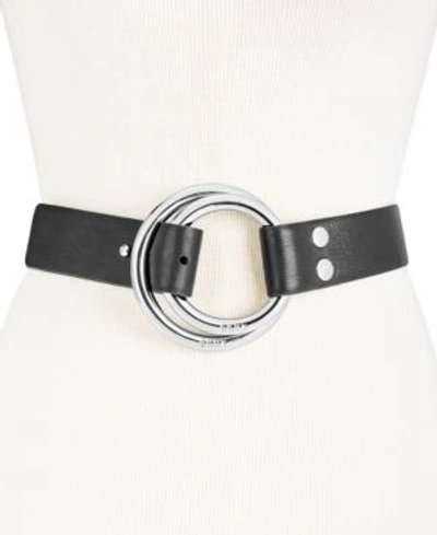 Dkny Double-ring Pull-back Leather Belt, Created For Macy's In Black/silver