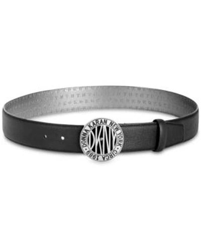 Dkny Subway Token Logo-buckle Belt, Created For Macy's In Black/silver