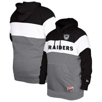 New Era Men's  Black Distressed Oakland Raiders Big And Tall Throwback Colorblock Pullover Hoodie