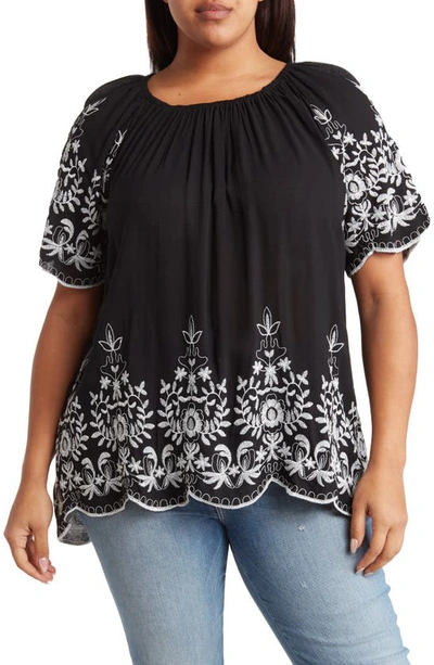 Forgotten Grace Embroidered Trim Peasant Tunic Top In Black/white