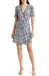 & Other Stories Floral Print Linen Wrap Minidress In Navy White Flower Chayna Aop