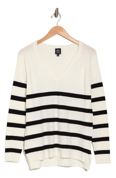 Bobeau Stripe V-neck Pullover Sweater In Ivory/ Black