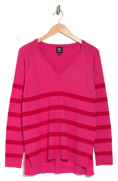 Bobeau Stripe V-neck Pullover Sweater In Hot Pink/ Red