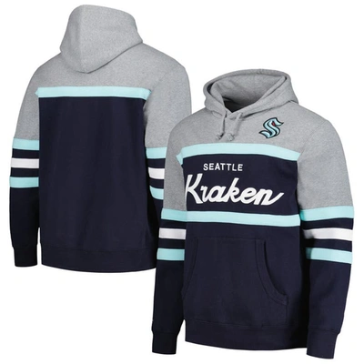 Mitchell & Ness Men's  Deep Sea Blue, Gray Seattle Kraken Head Coach Pullover Hoodie In Deep Sea Blue,gray