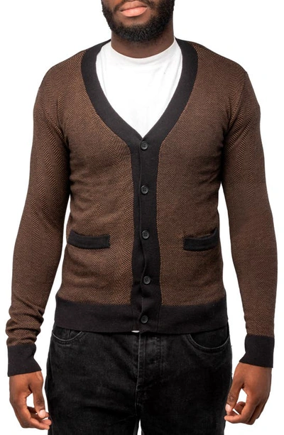 X-ray Herringbone V-neck Button Front Cardigan In Sienna/ Black