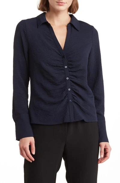Laundry By Shelli Segal Ruched Long Sleeve Button Front Top In Navy