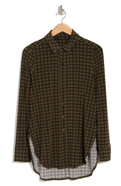 T Tahari Long Sleeve Knit Button-up Tunic Shirt In Olive Chain Print