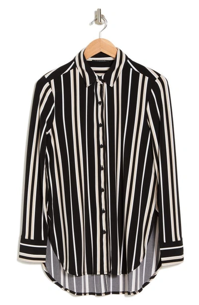 T Tahari Long Sleeve Knit Button-up Tunic Shirt In Black/ Ivory/ Putty Stripe