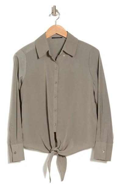 T Tahari Tie Front Long Sleeve Button-up Shirt In Concrete Green