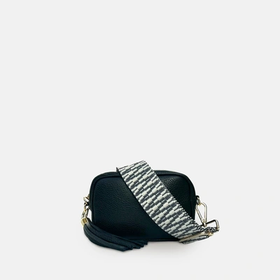 Apatchy London The Mini Tassel Black Leather Phone Bag With Midnight Zigzag Strap