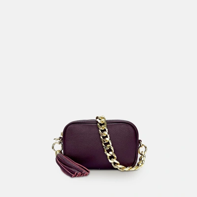 Apatchy London The Mini Tassel Port Leather Phone Bag With Plum Chevron Strap In Green