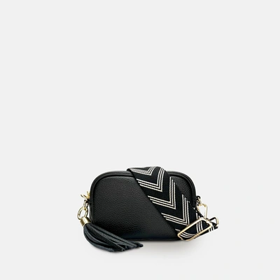 Apatchy London The Mini Tassel Black Leather Phone Bag With Pistachio Pills Strap