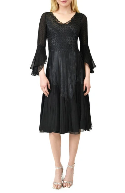 Komarov Bell Sleeve Chiffon & Lace A-line Dress In Black