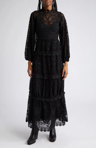 Farm Rio Long Sleeve Guipure Lace Maxi Dress In Black